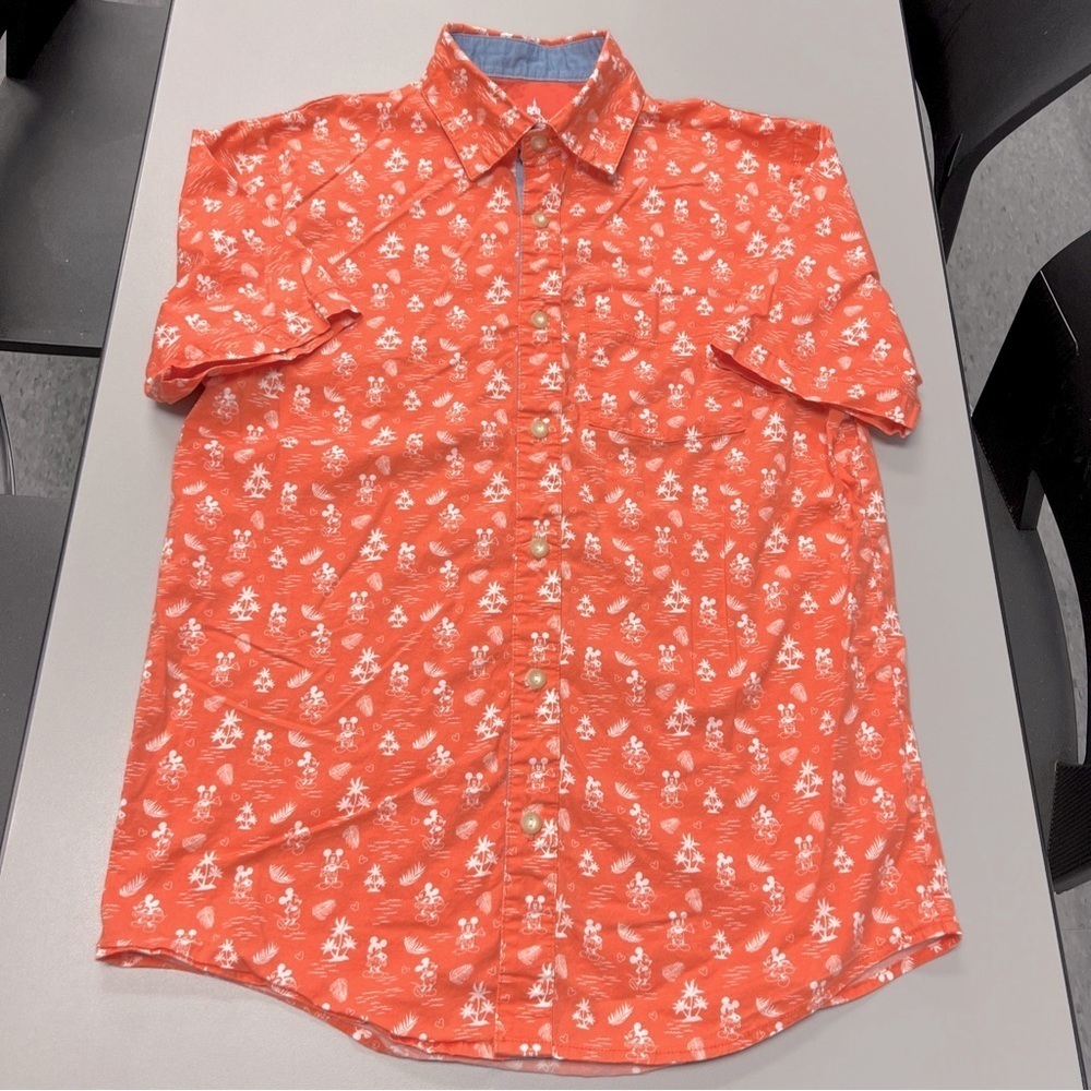 Disney Parks Hawaiian Shirt Mens S Coral Orange Short Sleeve Button Up Mickey